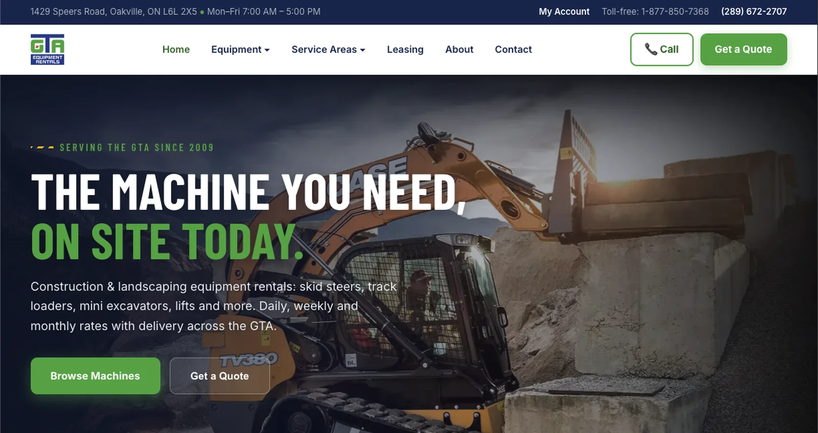 GTA Equipment Rentals website homepage built by Fuller Media