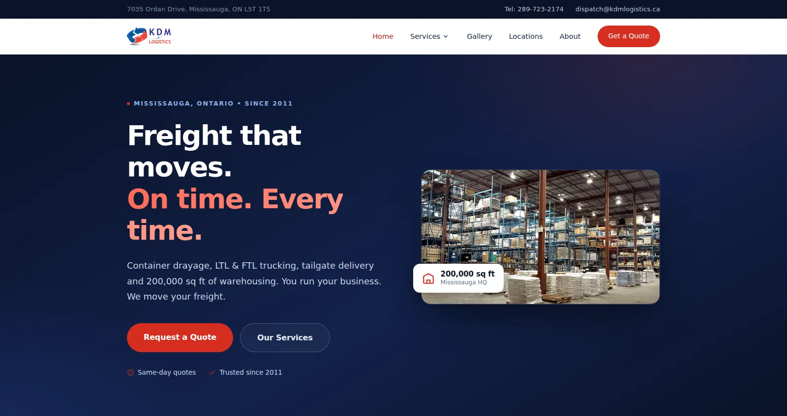 KDM Logistics website homepage built by Fuller Media